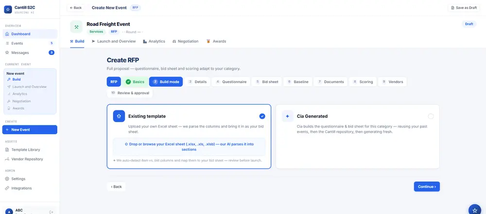 Cantill S2C — RFP builder with Cia-generated questionnaire and bid sheet, or Excel upload with AI parsing