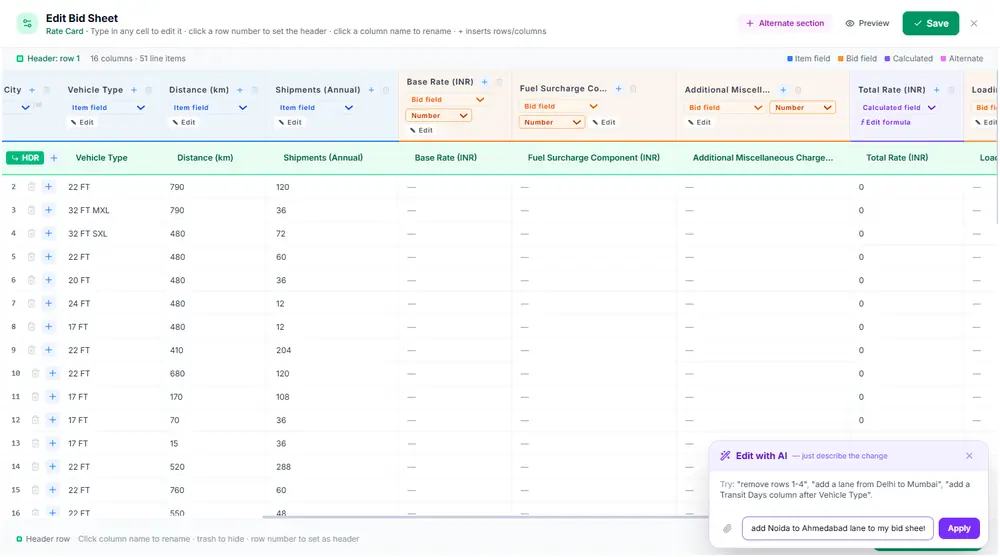 Cantill sourcing — flexible bid sheet editable with AI assistance