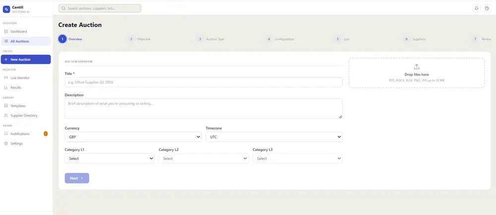 Cantill Auctions AI — create any e-auction format from a guided flow