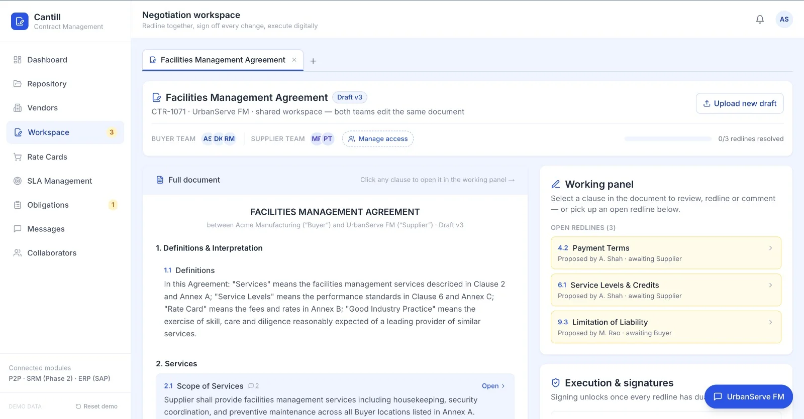Cantill Contract Management — Negotiation workspace with side-by-side redlining, open redlines panel and execution/signatures section